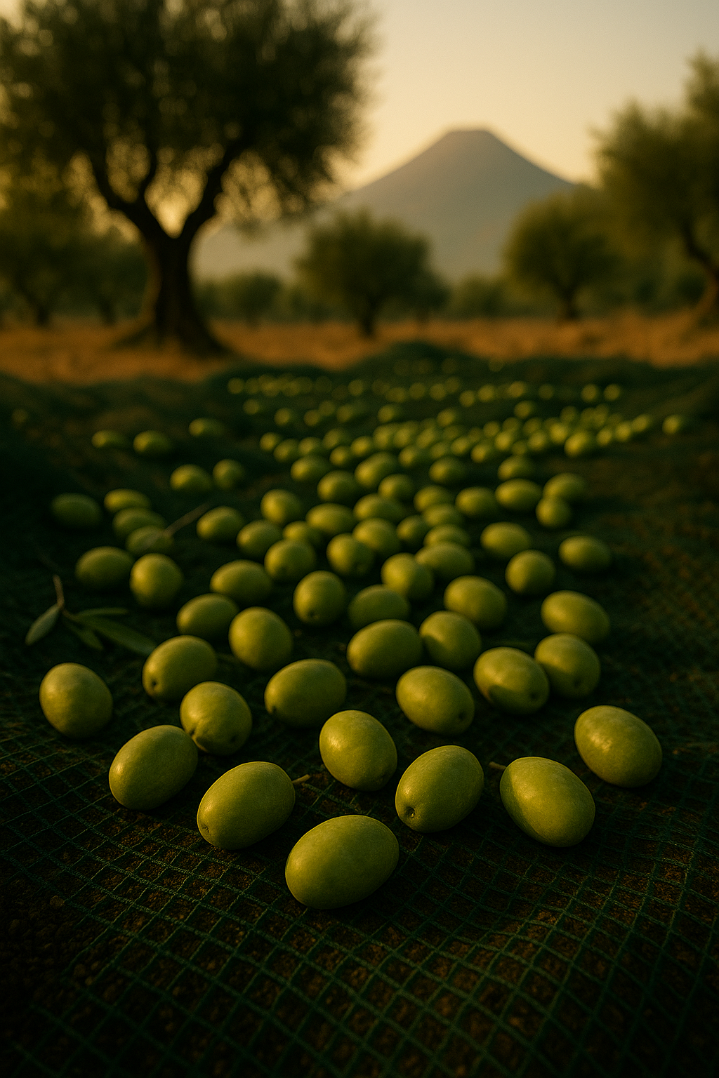 Freshly picked early-harvest olives resting on nets beneath Mount Etna, reflecting the volcanic soil that enriches LUMA olive oil.