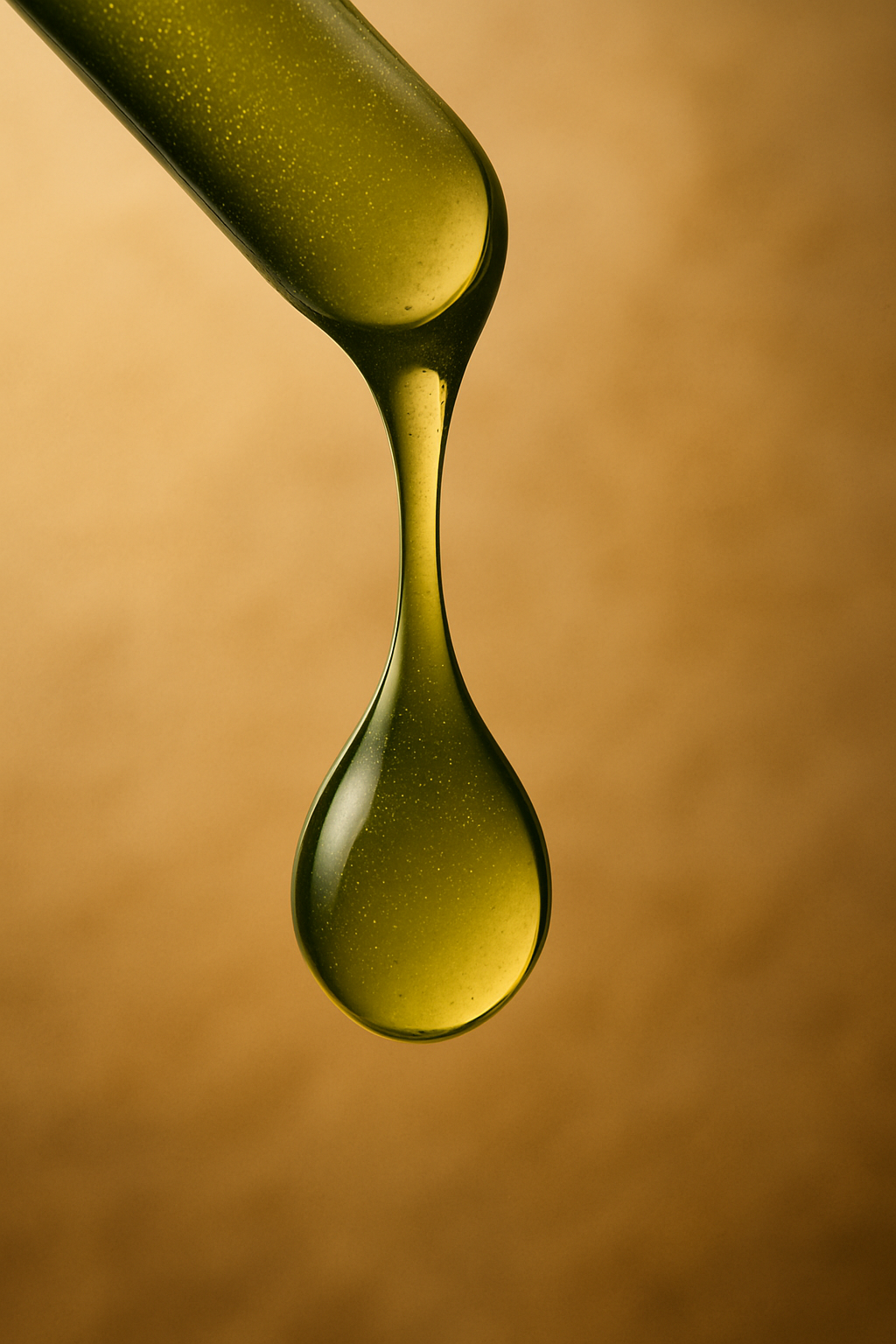 Close-up of a single droplet of vibrant green early-harvest olive oil, expressing LUMA’s purity and phenolic richness.