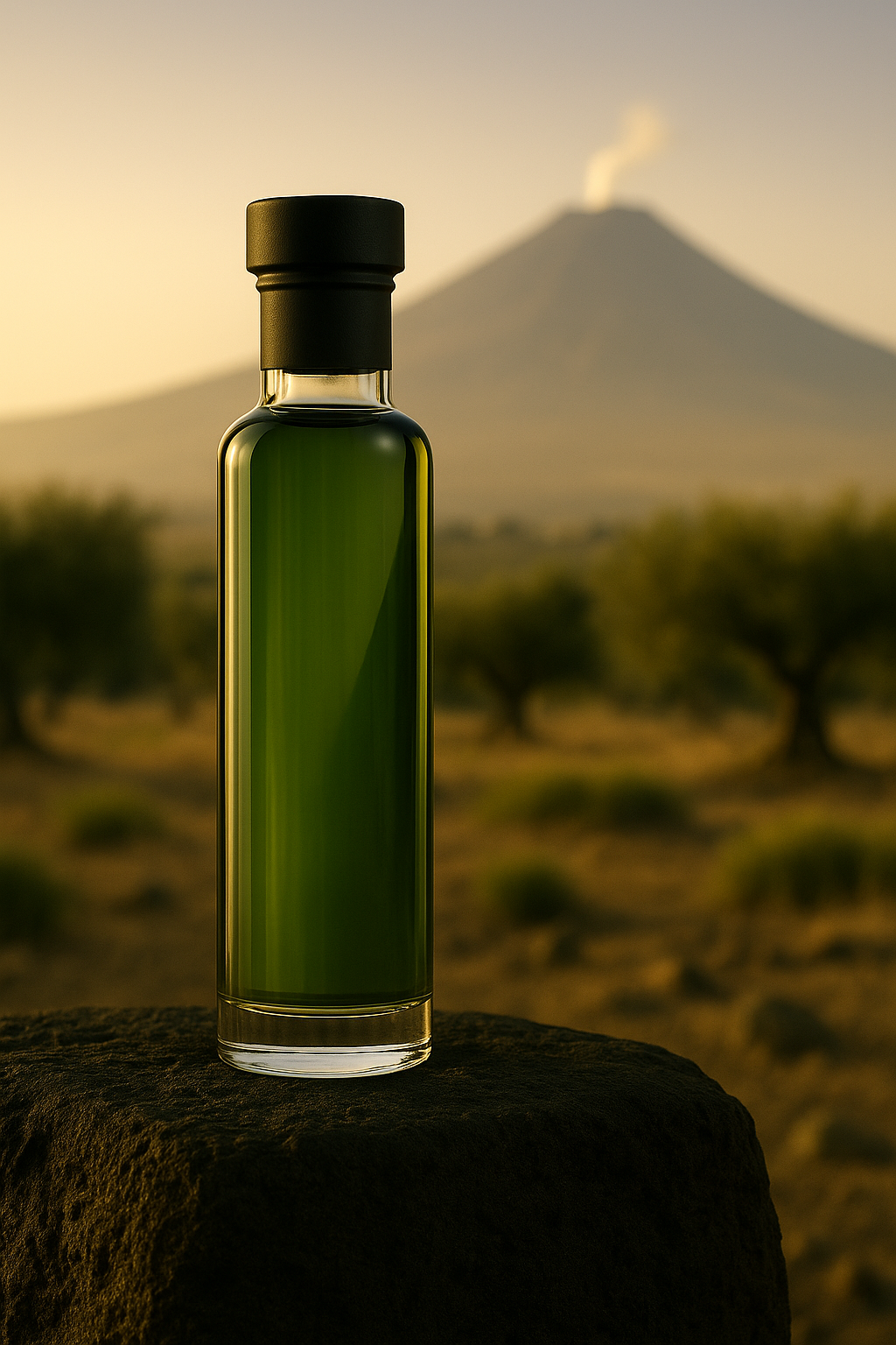 Dark green glass bottle of LUMA olive oil standing on volcanic rock with Mount Etna in the distance.