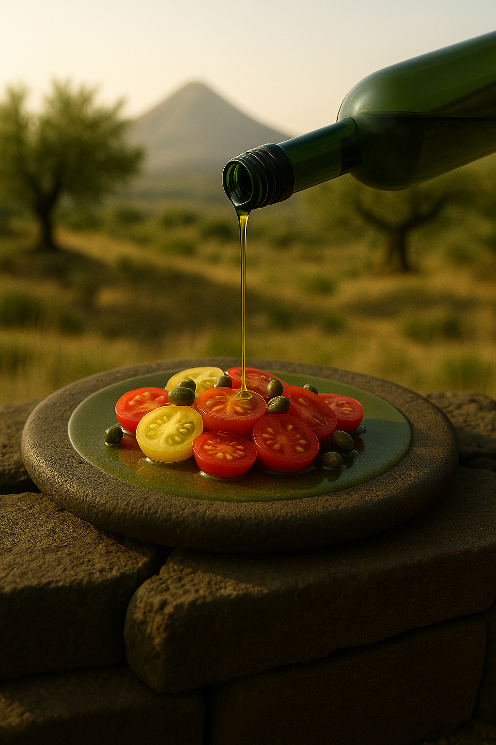 Early-harvest LUMA olive oil poured over Sicilian cherry tomatoes and capers, highlighting its vibrant green color and culinary purity.